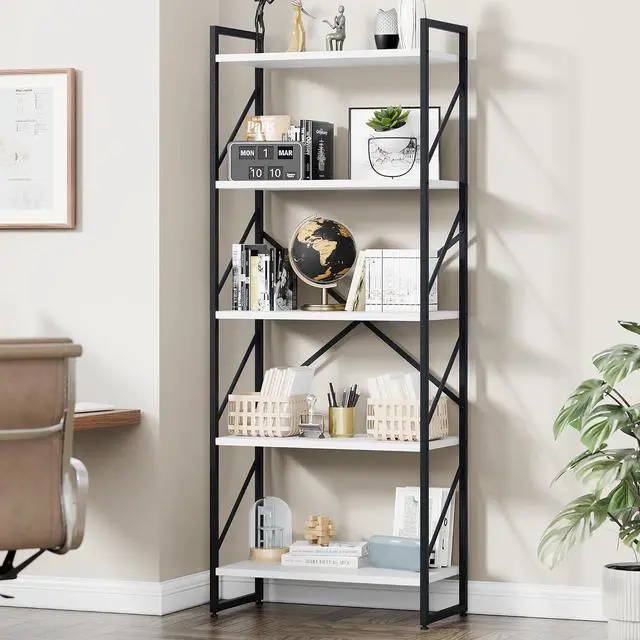 Main image of 5 Tier Bookshelf, Modern Tall Bookcase, Industrial Book Shelves Display Standing Shelf, Free Standing Storage Organizer for Bedroom, Living Room, White