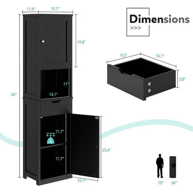 Alt view image 2 of 7 - Tall Bathroom Storage Cabinet, 64H Narrow Storage Unit for Small Spaces, Freestanding Modern Cabinet with Adjustable Shelves for Bathroom, Living Room, Black