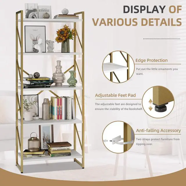 Alt view image 6 of 7 - 5 Tier Bookshelf, Modern Tall Bookcase, Industrial Book Shelves Display Standing Shelf, Free Standing Storage Organizer for Bedroom, Living Room, White+Gold