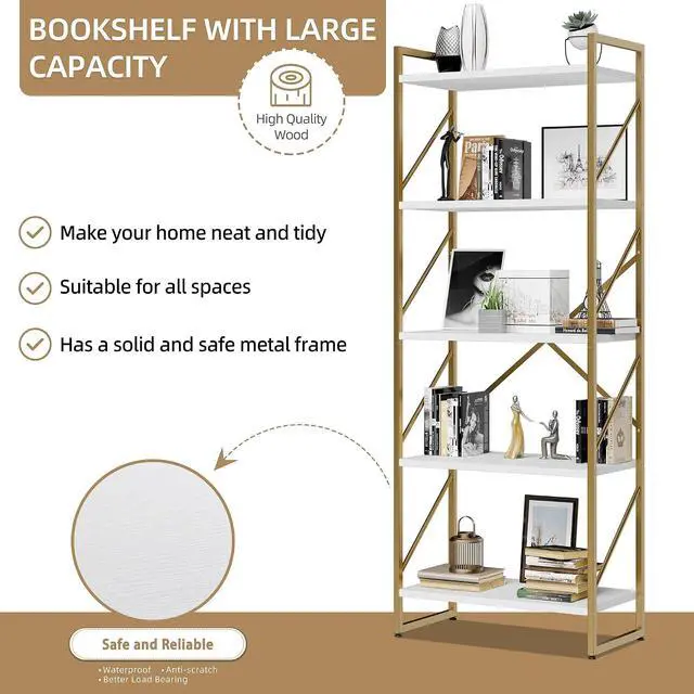 Alt view image 5 of 7 - 5 Tier Bookshelf, Modern Tall Bookcase, Industrial Book Shelves Display Standing Shelf, Free Standing Storage Organizer for Bedroom, Living Room, White+Gold