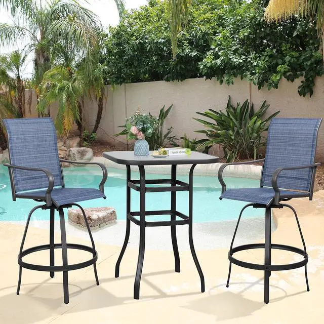 Main image of 3 Piece Patio Swivel Bar Set, All Weather Mental Textilene High Swivel Bar Stools Chair Set of 2 and High Glass Bar Table, Outdoor High Top Bistro Set for Lawn Garden, Balcony, Denim Blue