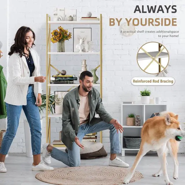 Alt view image 7 of 7 - 5 Tier Bookshelf, Modern Tall Bookcase, Industrial Book Shelves Display Standing Shelf, Free Standing Storage Organizer for Bedroom, Living Room, White+Gold