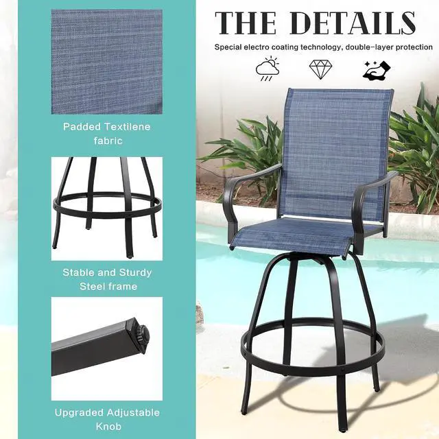 Alt view image 2 of 7 - 3 Piece Patio Swivel Bar Set, All Weather Mental Textilene High Swivel Bar Stools Chair Set of 2 and High Glass Bar Table, Outdoor High Top Bistro Set for Lawn Garden, Balcony, Denim Blue