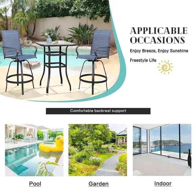 Alt view image 7 of 7 - 3 Piece Patio Swivel Bar Set, All Weather Mental Textilene High Swivel Bar Stools Chair Set of 2 and High Glass Bar Table, Outdoor High Top Bistro Set for Lawn Garden, Balcony, Denim Blue