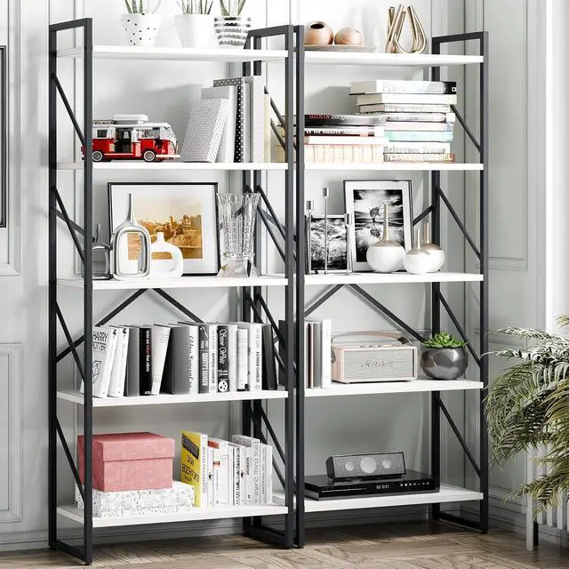 Alt view image 3 of 7 - 5 Tier Bookshelf, Modern Tall Bookcase, Industrial Book Shelves Display Standing Shelf, Free Standing Storage Organizer for Bedroom, Living Room, White