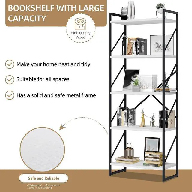 Alt view image 5 of 7 - 5 Tier Bookshelf, Modern Tall Bookcase, Industrial Book Shelves Display Standing Shelf, Free Standing Storage Organizer for Bedroom, Living Room, White