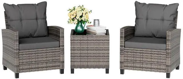 Main image of 3 Piece Patio Furniture Set Small Outdoor Wicker Rattan Front Porch Bistro Set Cushioned Patio Chairs Conversation Set with Glass Table for Lawn, Garden, Backyard, Balcony, Poolside (Gray)