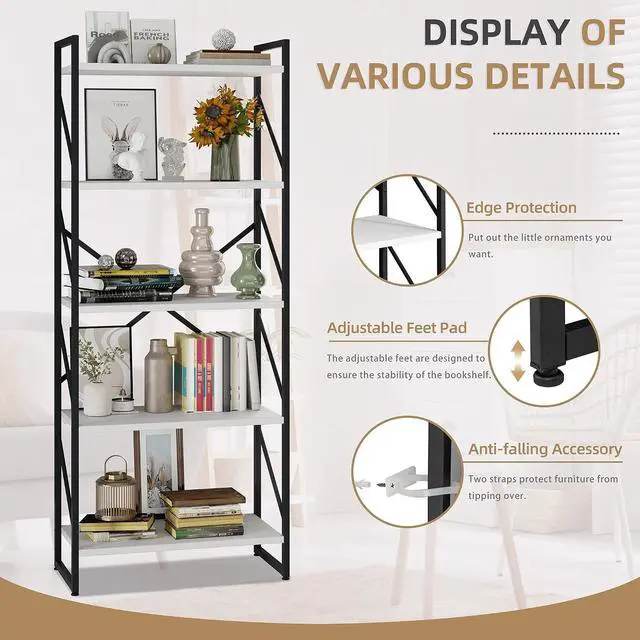 Alt view image 6 of 7 - 5 Tier Bookshelf, Modern Tall Bookcase, Industrial Book Shelves Display Standing Shelf, Free Standing Storage Organizer for Bedroom, Living Room, White