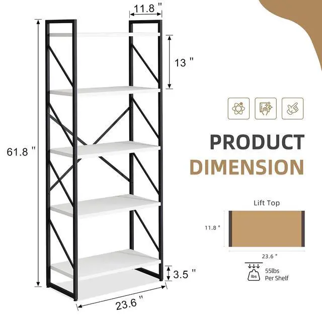 Alt view image 2 of 7 - 5 Tier Bookshelf, Modern Tall Bookcase, Industrial Book Shelves Display Standing Shelf, Free Standing Storage Organizer for Bedroom, Living Room, White