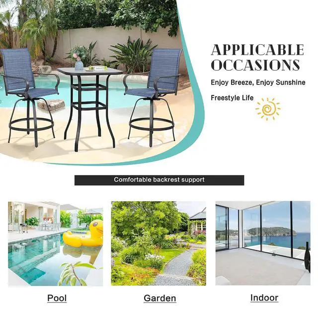 Alt view image 7 of 7 - 5 Piece Patio Swivel Bar Set, All Weather Mental Textilene High Swivel Bar Stools Chair Set of 4 and High Glass Bar Table, Outdoor High Top Bistro Set for Lawn Garden, Balcony, Denim Blue