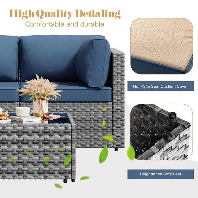 Alt view image 4 of 7 - 5 Pieces Outdoor Sectional Furniture, All-Weather Rattan Patio Furniture Set, Wicker Patio Sectional Couch with Cushion, Glass Table, Navy Blue