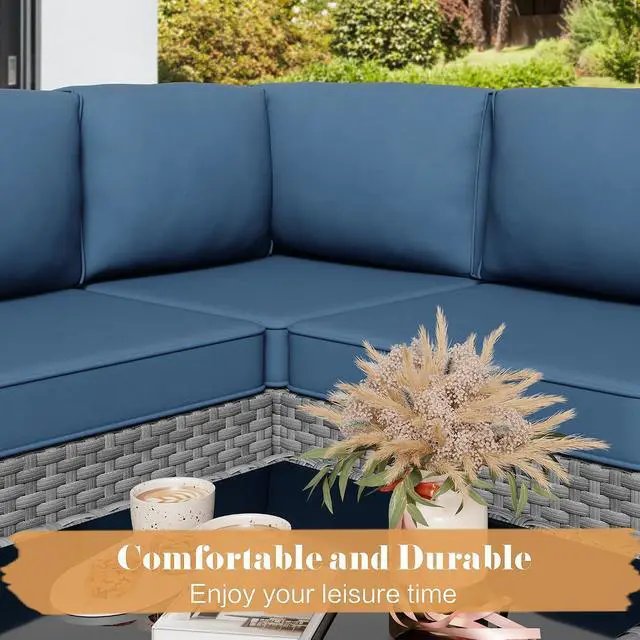 Alt view image 5 of 7 - 5 Pieces Outdoor Sectional Furniture, All-Weather Rattan Patio Furniture Set, Wicker Patio Sectional Couch with Cushion, Glass Table, Navy Blue
