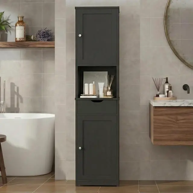 Alt view image 3 of 7 - Tall Bathroom Storage Cabinet, 64H Narrow Storage Unit for Small Spaces, Freestanding Modern Cabinet with Adjustable Shelves for Bathroom, Living Room, Black