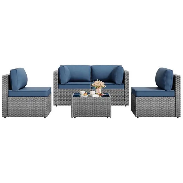 Alt view image 7 of 7 - 5 Pieces Outdoor Sectional Furniture, All-Weather Rattan Patio Furniture Set, Wicker Patio Sectional Couch with Cushion, Glass Table, Navy Blue