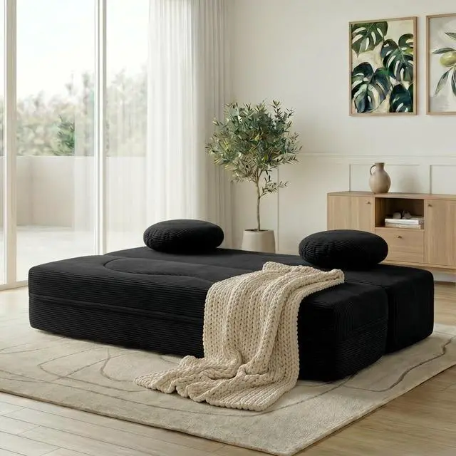 Alt view image 3 of 7 - Convertible Sofa Bed, 77 Folding Boneless Couch, Floor Sofa 2-in-1 Curved Couch for Small Living Room, Apartment, Guest Room, Black