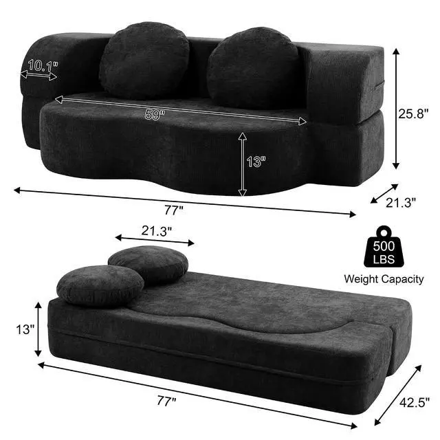 Alt view image 2 of 7 - Convertible Sofa Bed, 77 Folding Boneless Couch, Floor Sofa 2-in-1 Curved Couch for Small Living Room, Apartment, Guest Room, Black