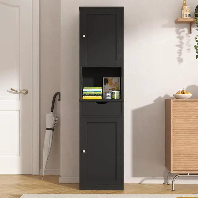 Alt view image 4 of 7 - Tall Bathroom Storage Cabinet, 64H Narrow Storage Unit for Small Spaces, Freestanding Modern Cabinet with Adjustable Shelves for Bathroom, Living Room, Black