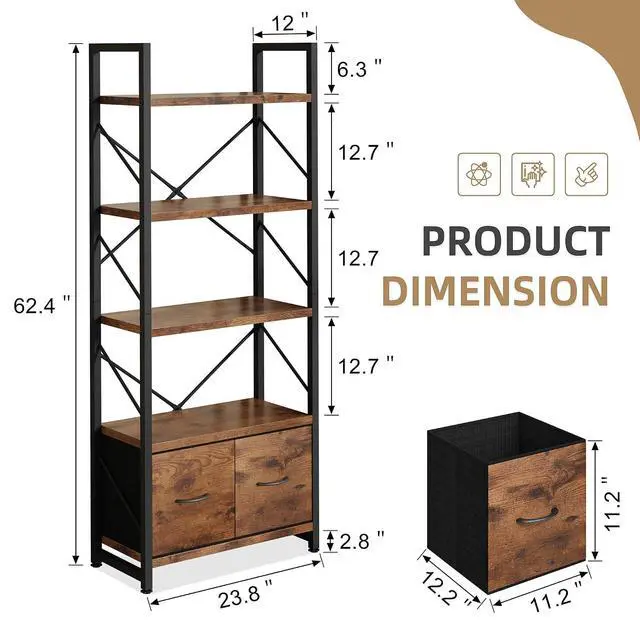 Alt view image 2 of 7 - 5 Tier Bookshelf with 2 Drawers, Industrial Tall Bookcase, Modern Display Bookshelves Wood and Metal Shelf, Free Standing Storage Organizer for Office, Living Room, Brown
