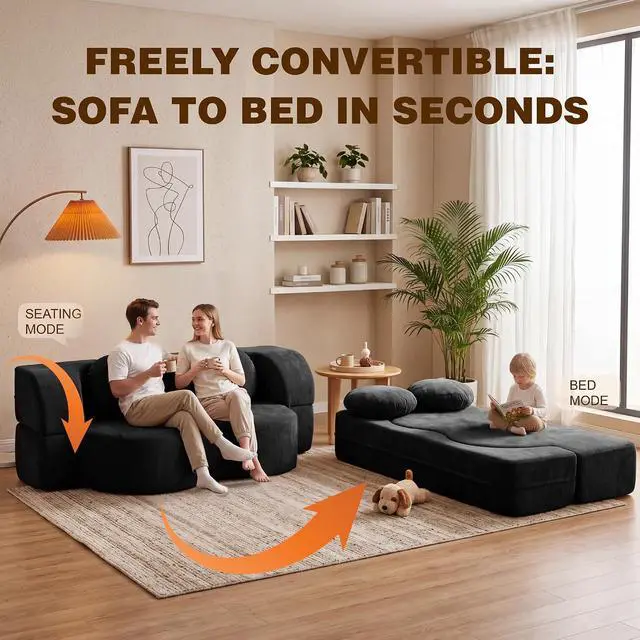 Alt view image 6 of 7 - Convertible Sofa Bed, 77 Folding Boneless Couch, Floor Sofa 2-in-1 Curved Couch for Small Living Room, Apartment, Guest Room, Black