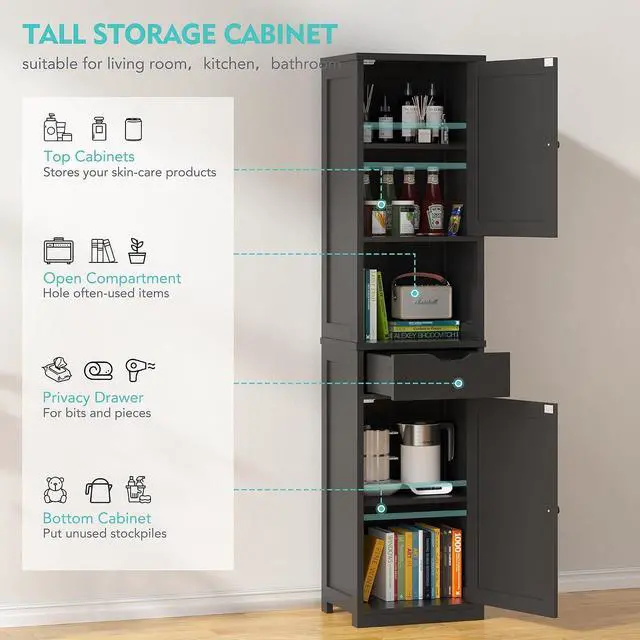 Alt view image 7 of 7 - Tall Bathroom Storage Cabinet, 64H Narrow Storage Unit for Small Spaces, Freestanding Modern Cabinet with Adjustable Shelves for Bathroom, Living Room, Black