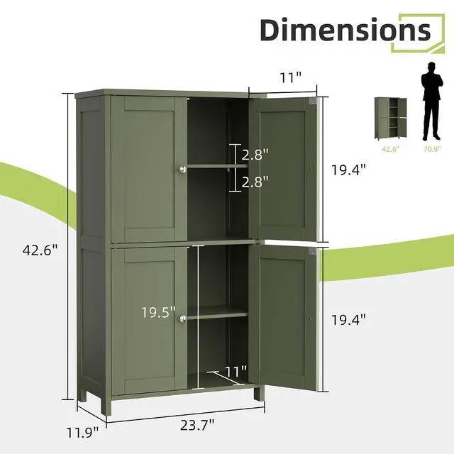 Alt view image 2 of 7 - 42.6" Bathroom Storage Cabinet, Modern Floor Cabinet with Doors and Adjustable Shelves, Freestanding Accent Organizer Cupboard for Living Room, Entryway, Kitchen, Green