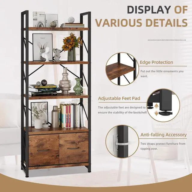 Alt view image 6 of 7 - 5 Tier Bookshelf with 2 Drawers, Industrial Tall Bookcase, Modern Display Bookshelves Wood and Metal Shelf, Free Standing Storage Organizer for Office, Living Room, Brown