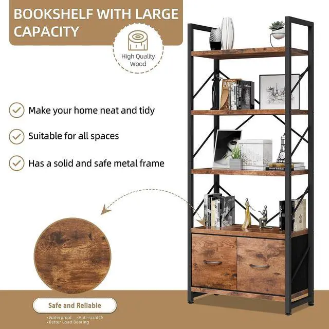 Alt view image 7 of 7 - 5 Tier Bookshelf with 2 Drawers, Industrial Tall Bookcase, Modern Display Bookshelves Wood and Metal Shelf, Free Standing Storage Organizer for Office, Living Room, Brown