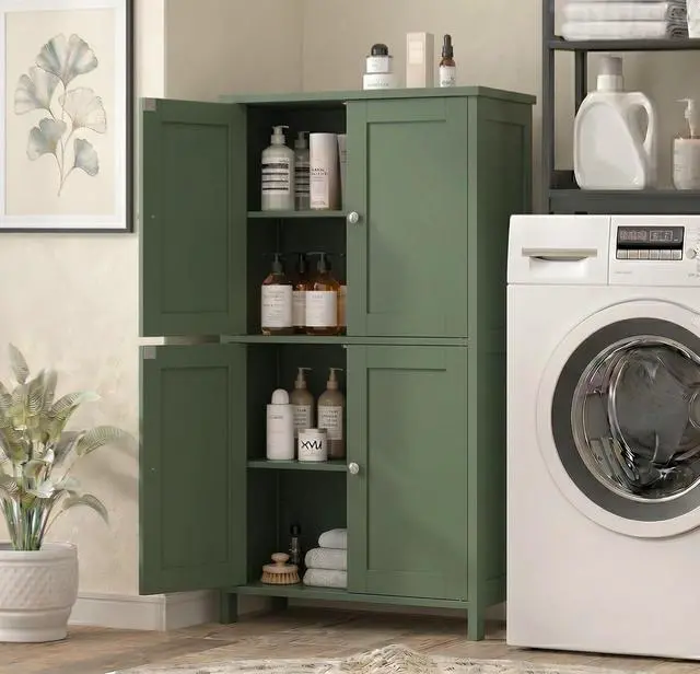 Alt view image 3 of 7 - 42.6" Bathroom Storage Cabinet, Modern Floor Cabinet with Doors and Adjustable Shelves, Freestanding Accent Organizer Cupboard for Living Room, Entryway, Kitchen, Green