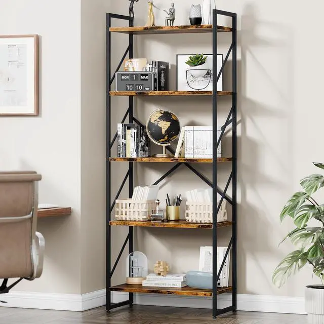 Main image of 5 Tier Bookshelf, Modern Industrial Bookcase with Metal Frame | 62 Tall Display Shelf, Free Standing Storage Organizer for Home Office, Living Room, Bedroom, Rustic Brown
