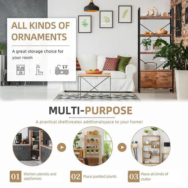 Alt view image 5 of 7 - 5 Tier Bookshelf with 2 Drawers, Industrial Tall Bookcase, Modern Display Bookshelves Wood and Metal Shelf, Free Standing Storage Organizer for Office, Living Room, Brown