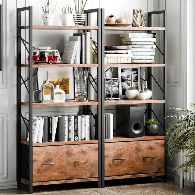 Alt view image 3 of 7 - 5 Tier Bookshelf with 2 Drawers, Industrial Tall Bookcase, Modern Display Bookshelves Wood and Metal Shelf, Free Standing Storage Organizer for Office, Living Room, Brown