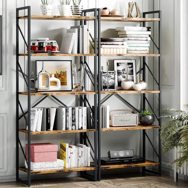 Alt view image 3 of 7 - 5 Tier Bookshelf, Modern Industrial Bookcase with Metal Frame | 62 Tall Display Shelf, Free Standing Storage Organizer for Home Office, Living Room, Bedroom, Rustic Brown