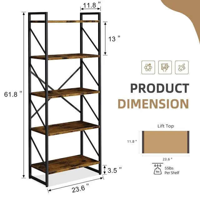 Alt view image 2 of 7 - 5 Tier Bookshelf, Modern Industrial Bookcase with Metal Frame | 62 Tall Display Shelf, Free Standing Storage Organizer for Home Office, Living Room, Bedroom, Rustic Brown