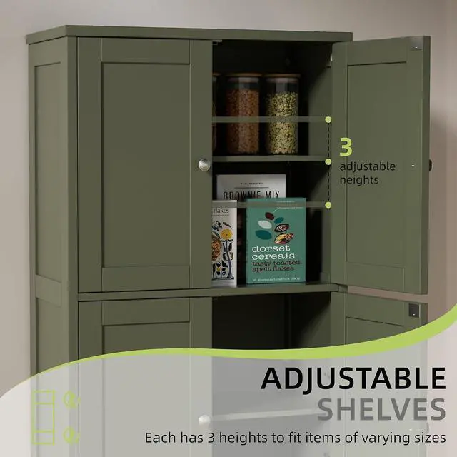 Alt view image 5 of 7 - 42.6" Bathroom Storage Cabinet, Modern Floor Cabinet with Doors and Adjustable Shelves, Freestanding Accent Organizer Cupboard for Living Room, Entryway, Kitchen, Green