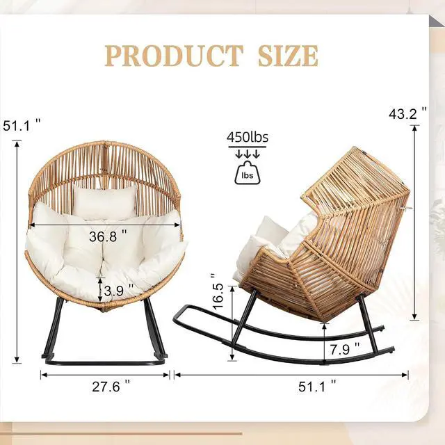 Alt view image 3 of 7 - Wicker Egg Chair PE Rattan Rocking Chair with Cushion, Oversized Patio Lounge Rocker Chair for Outdoor, Indoor, Balcony, Backyard, Garden, Beige