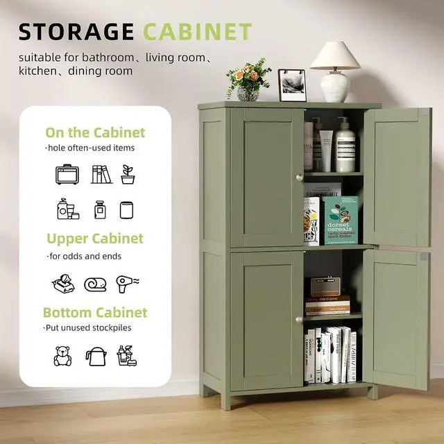 Alt view image 4 of 7 - 42.6" Bathroom Storage Cabinet, Modern Floor Cabinet with Doors and Adjustable Shelves, Freestanding Accent Organizer Cupboard for Living Room, Entryway, Kitchen, Green