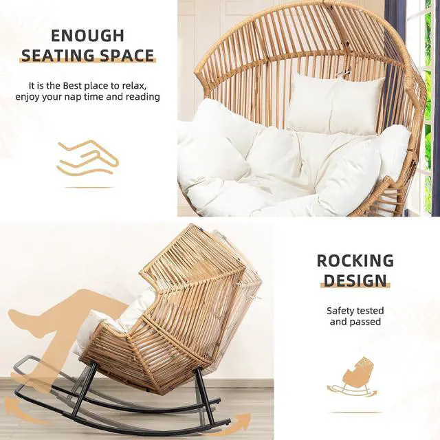 Alt view image 4 of 7 - Wicker Egg Chair PE Rattan Rocking Chair with Cushion, Oversized Patio Lounge Rocker Chair for Outdoor, Indoor, Balcony, Backyard, Garden, Beige