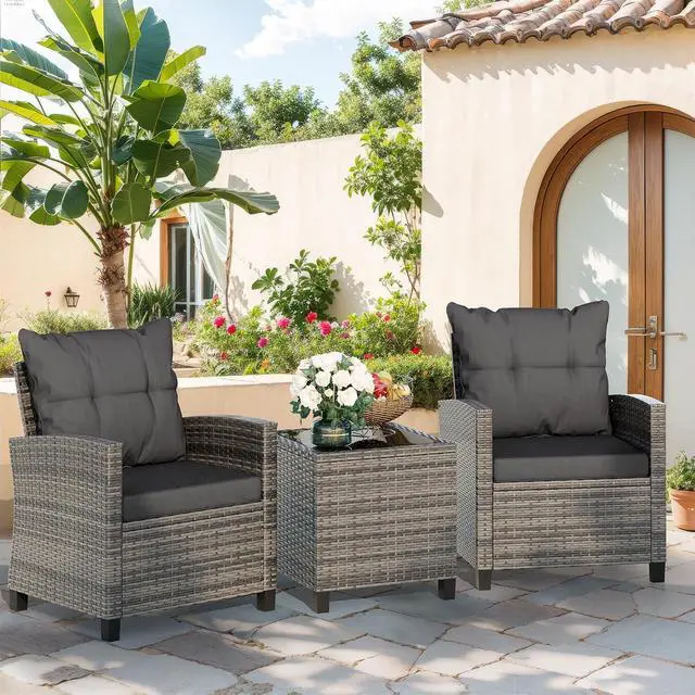 Alt view image 2 of 7 - 3 Piece Patio Furniture Set Small Outdoor Wicker Rattan Front Porch Bistro Set Cushioned Patio Chairs Conversation Set with Glass Table for Lawn, Garden, Backyard, Balcony, Poolside (Gray)