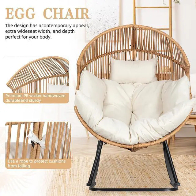 Alt view image 5 of 7 - Wicker Egg Chair PE Rattan Rocking Chair with Cushion, Oversized Patio Lounge Rocker Chair for Outdoor, Indoor, Balcony, Backyard, Garden, Beige