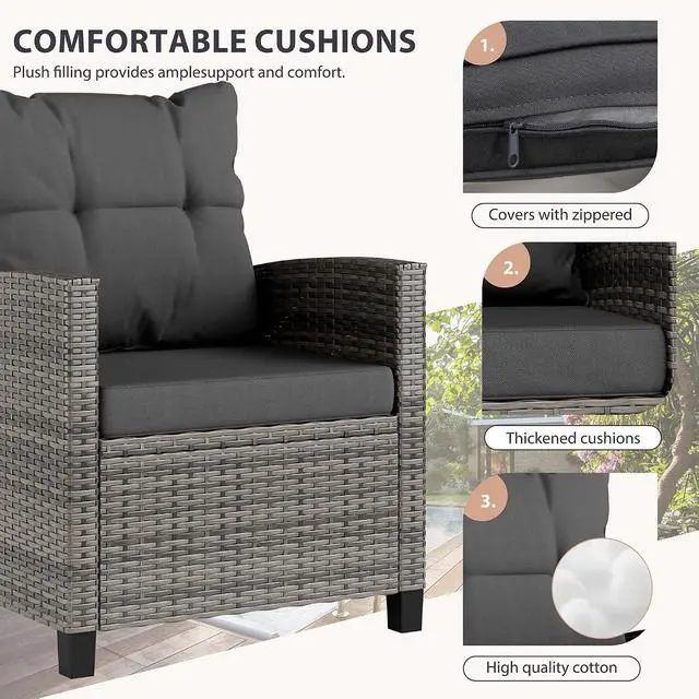 Alt view image 4 of 7 - 3 Piece Patio Furniture Set Small Outdoor Wicker Rattan Front Porch Bistro Set Cushioned Patio Chairs Conversation Set with Glass Table for Lawn, Garden, Backyard, Balcony, Poolside (Gray)