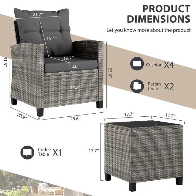 Alt view image 3 of 7 - 3 Piece Patio Furniture Set Small Outdoor Wicker Rattan Front Porch Bistro Set Cushioned Patio Chairs Conversation Set with Glass Table for Lawn, Garden, Backyard, Balcony, Poolside (Gray)