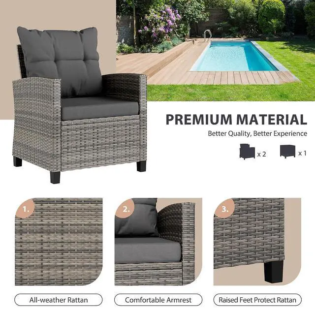 Alt view image 5 of 7 - 3 Piece Patio Furniture Set Small Outdoor Wicker Rattan Front Porch Bistro Set Cushioned Patio Chairs Conversation Set with Glass Table for Lawn, Garden, Backyard, Balcony, Poolside (Gray)