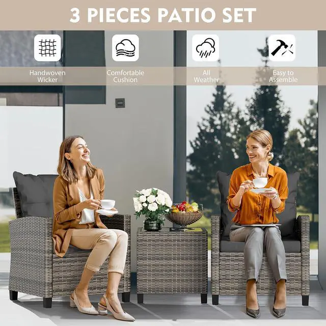 Alt view image 7 of 7 - 3 Piece Patio Furniture Set Small Outdoor Wicker Rattan Front Porch Bistro Set Cushioned Patio Chairs Conversation Set with Glass Table for Lawn, Garden, Backyard, Balcony, Poolside (Gray)