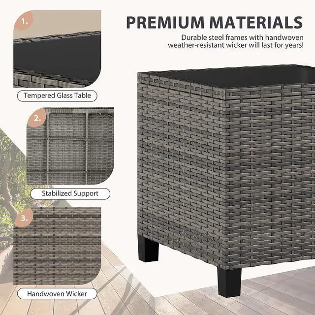 Alt view image 6 of 7 - 3 Piece Patio Furniture Set Small Outdoor Wicker Rattan Front Porch Bistro Set Cushioned Patio Chairs Conversation Set with Glass Table for Lawn, Garden, Backyard, Balcony, Poolside (Gray)