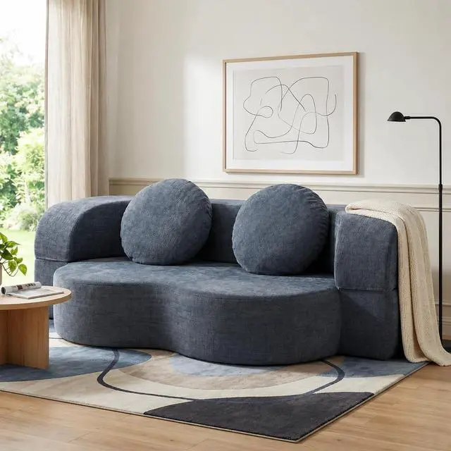 Main image of 77 Convertible Sofa Bed, Folding Boneless Couch, Floor Sofa 2-in-1 Curved Couch for Small Living Room, Apartment, Guest Room, Blue