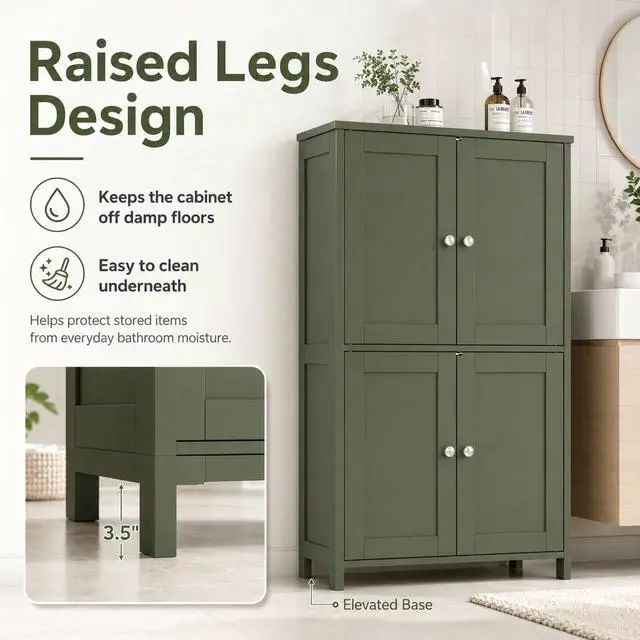 Alt view image 6 of 7 - 42.6" Bathroom Storage Cabinet, Modern Floor Cabinet with Doors and Adjustable Shelves, Freestanding Accent Organizer Cupboard for Living Room, Entryway, Kitchen, Green