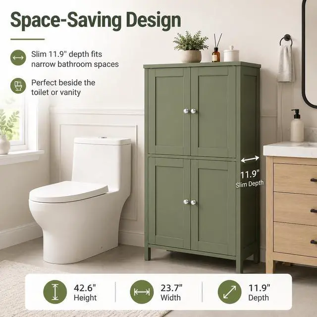 Alt view image 7 of 7 - 42.6" Bathroom Storage Cabinet, Modern Floor Cabinet with Doors and Adjustable Shelves, Freestanding Accent Organizer Cupboard for Living Room, Entryway, Kitchen, Green