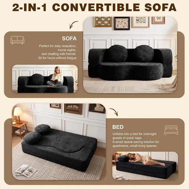 Alt view image 7 of 7 - Convertible Sofa Bed, 77 Folding Boneless Couch, Floor Sofa 2-in-1 Curved Couch for Small Living Room, Apartment, Guest Room, Black