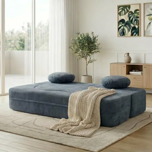 Alt view image 3 of 7 - 77 Convertible Sofa Bed, Folding Boneless Couch, Floor Sofa 2-in-1 Curved Couch for Small Living Room, Apartment, Guest Room, Blue