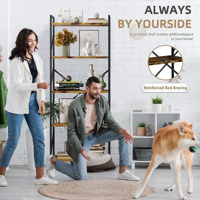 Alt view image 4 of 7 - 5 Tier Bookshelf, Modern Industrial Bookcase with Metal Frame | 62 Tall Display Shelf, Free Standing Storage Organizer for Home Office, Living Room, Bedroom, Rustic Brown